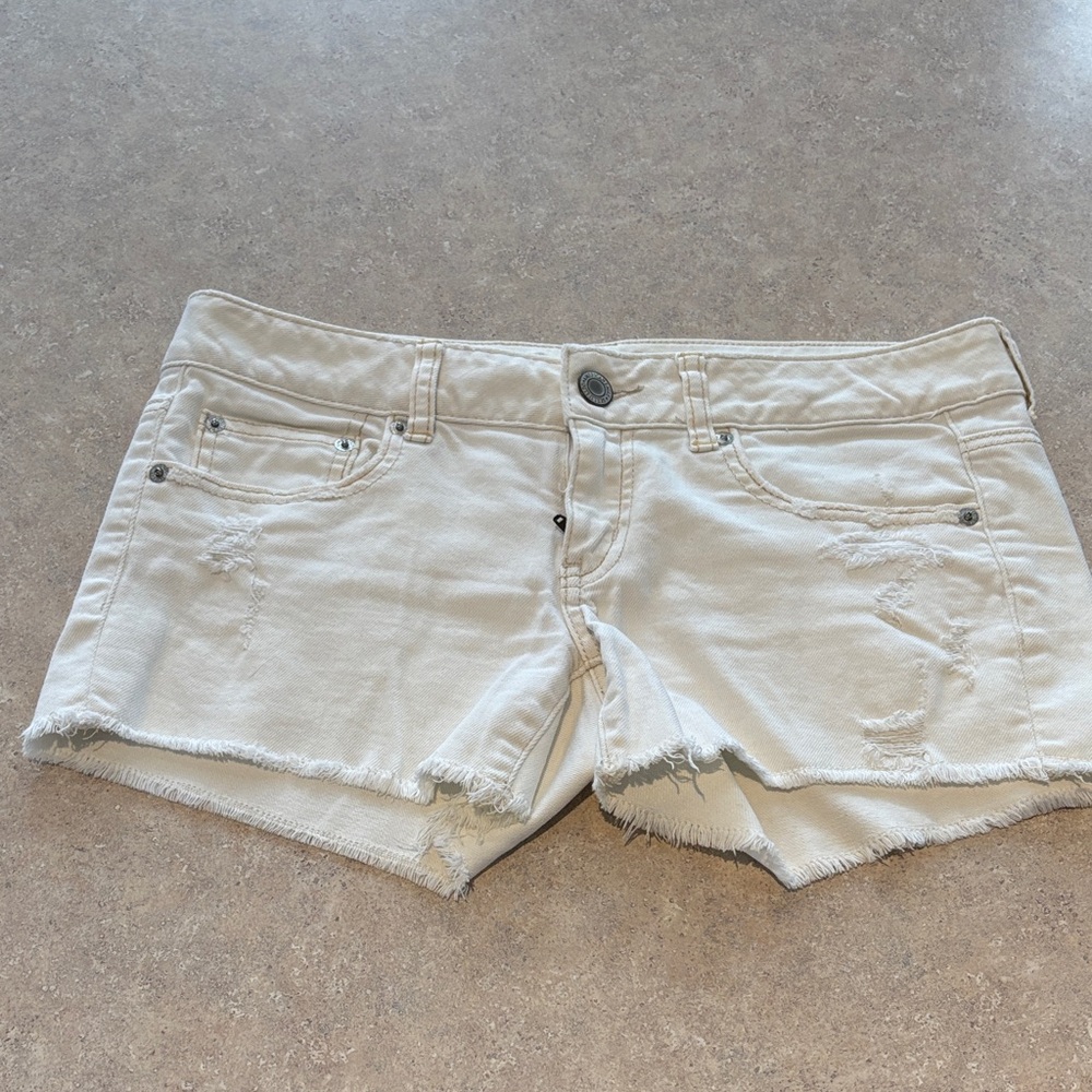American Eagle Outfitters Cream Distressed Jean Shorts